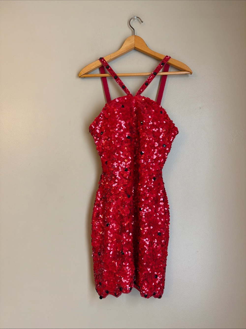 Vintage 90s Y2K Scala Red Sequin Beaded Mini Formal Dress 100% Silk Red Dance